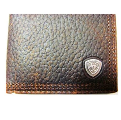 An Ariat Dark Brown Leather Wallet with a silver emblem on it.