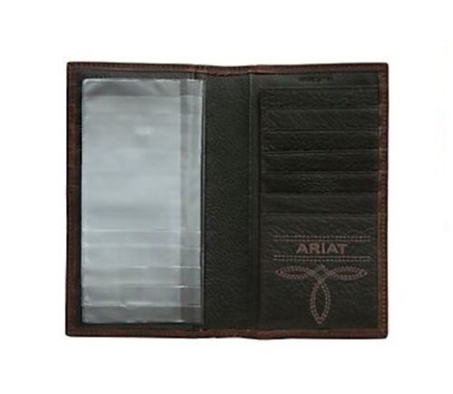 An Ariat Dark Copper Brown wallet with the word Tahia on it.