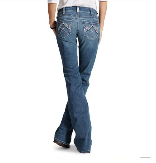 A woman's back view of a pair of (Ladies Ariat Rainstorm Light Wash Jean 10016202).