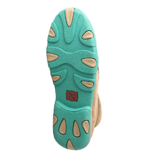 The Twisted X Turquoise Moccasin WDM0020 with tan soles.