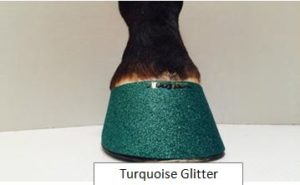 A green Hoofies Jewelry For Your Horse shoe embellished with turquoise glitter, perfect for adding some sparkle to your outfit.