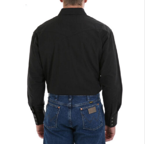 The back view of a man wearing the Wrangler Men's Long Sleeve Black Snap Shirt.