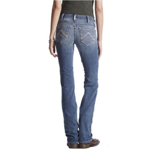 A lady showcasing the back view of her stylish Ladies Ariat Jean Straight Leg 10017217 with a flattering straight leg design.