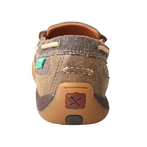 A brown boat shoe with a green sole, perfect for ladies who prefer the Ladies Casual Shoe Twisted X Eco TXW Slip On.