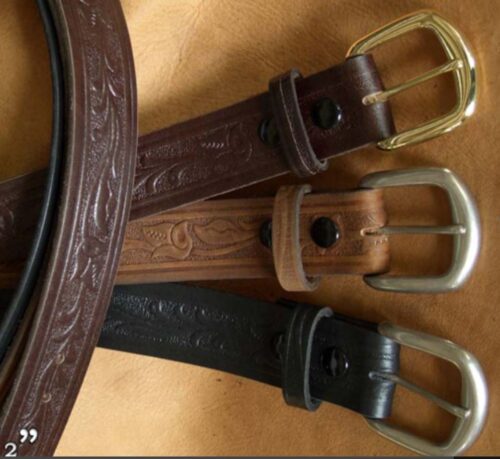 A Mens Western Belt Genuine Floral Stamped Leather Available in Oversizes with floral designs available in oversizes.