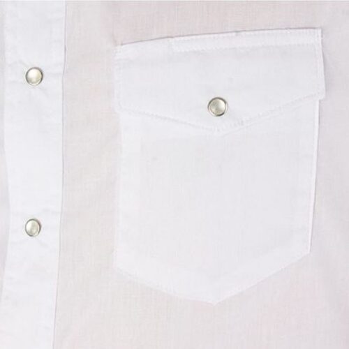 A close up of a Men's Western Shirt Wrangler Solid White Broadcloth 71105WH with a pocket.