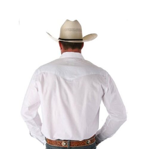 The back of a man wearing a cowboy hat, jeans, and a Men's Western Shirt Wrangler Solid White Broadcloth 71105WH.