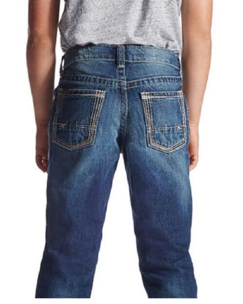 The back view of a man wearing a pair of Boys Western Jean Ariat B5 Slim Fit Boundary Cyclone 10018338 jeans.