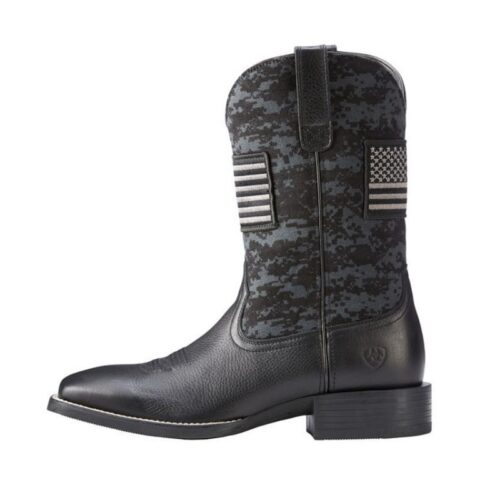 A Men's Western Boot Ariat Black Patriot Sport 10023361 adorned with an American flag.