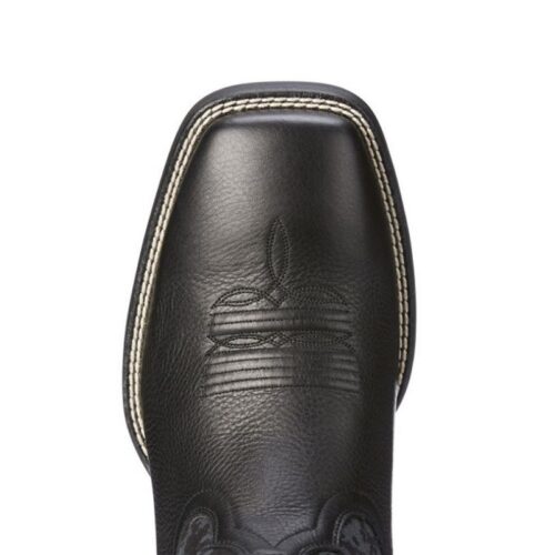 A pair of Men's Western Boot Ariat Black Patriot Sport 10023361 with white stitching, designed for men.