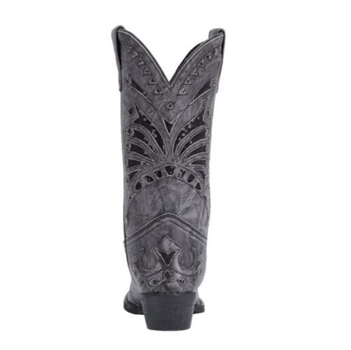 Distressed black leather Ladies Western Boot with an intricate design.