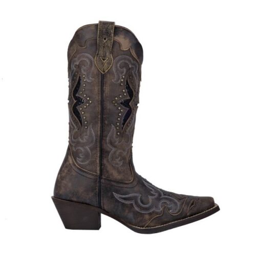 A women's cowboy boot with a black and brown design, the Ladies Lucretia Boot Brown Leather 52133 showcases stylish elegance.