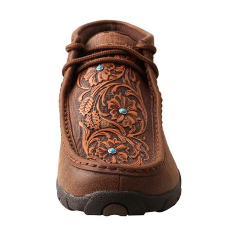 A Ladies Western Moccasin Twisted X Brown Floral Tooled with turquoise detailing.