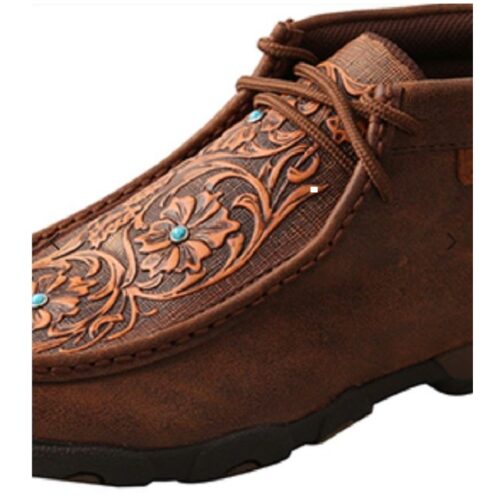 A pair of Ladies Western Moccasin Twisted X Brown Floral Tooled cowboy boots.