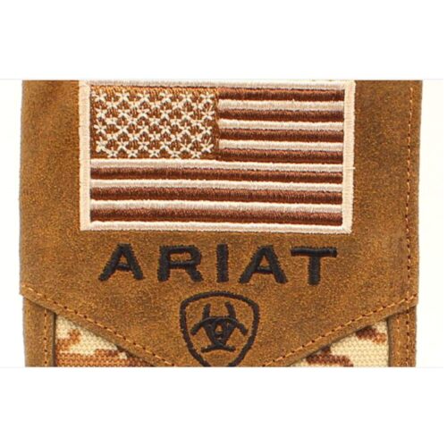 An Ariat Digital Camo Medium Brown Rodeo Wallet with digital camo pattern.