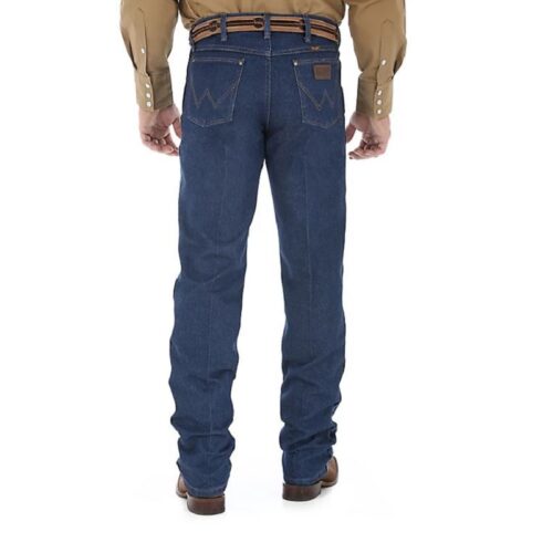 A man wearing a pair of Men's Wrangler Performance Regular Fit Cowboy Cut 47MWZPW jeans seen from the back.