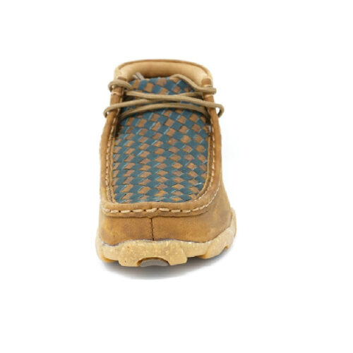 A pair of Children's Chukka Driving Moccasins with a blue and tan pattern.