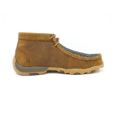 A pair of men's brown Children's Chukka Driving Moccasins with a blue sole in children's size.