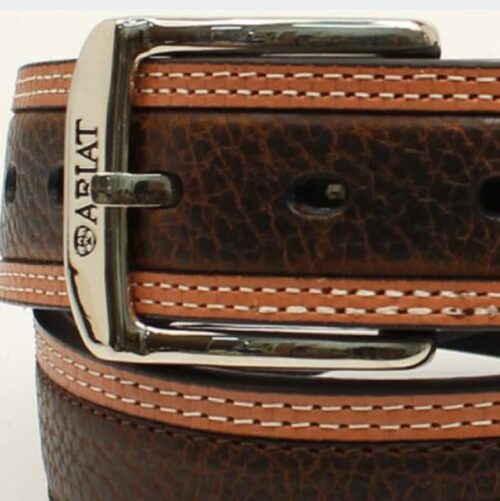 A men's brown leather belt with tan stitching, the Men's Ariat Two Tone Belt.