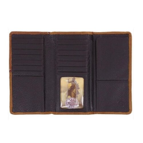 The Tearing' Loose Rodeo Wallet features a brown leather design adorned with a picture of a cowboy.