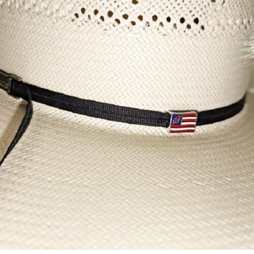 An American RC Rancher Straw Hat adorned cowboy hat.