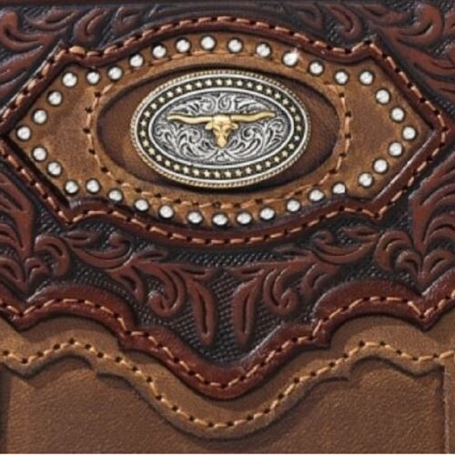 A brown leather Cattle Driven Cowboy Wallet adorned with a cowboy emblem.