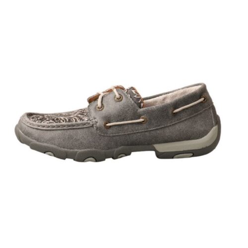 A women's Grey Boat Shoe Moccasin with a leopard print.