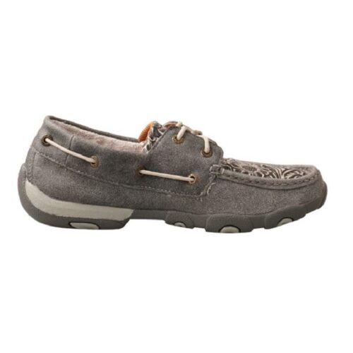 A pair of Women's Grey Boat Shoe Moccasins.