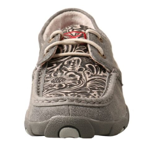 A pair of Women's Grey Boat Shoe Moccasins with a paisley pattern.