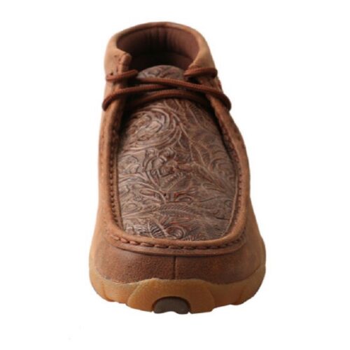 A pair of Ladies Twisted X Floral Tooled Chukka moccasins with a paisley pattern.