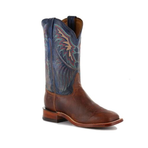 A pair of cowboy boots with a blue and brown design.