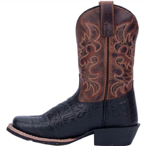 A black and brown cowboy boot with a crocodile design, specifically the Children's Dan Post Little River Boot DPC3944.