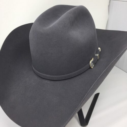 A gray cowboy hat on a 7X Steel American Rancher Hat.