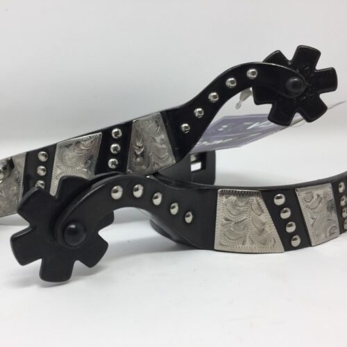 A pair of black leather belts with silver accents and Men's Black Satin Trim & Dots Spur 258935.