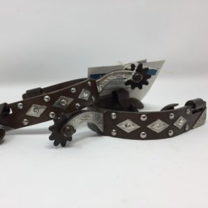 A pair of brown cowboy boots with silver accents and Men's Black Satin Trim & Dots Spur 258935.