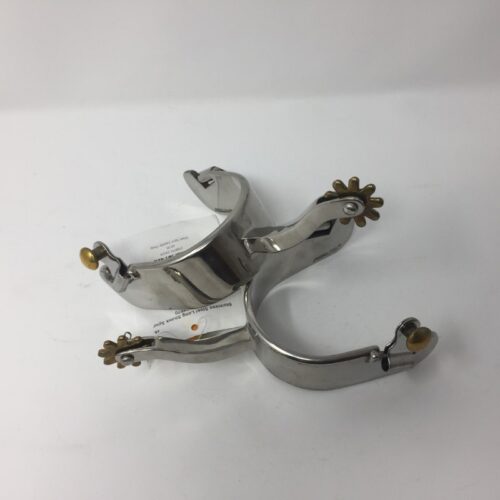 A pair of stainless steel clamps on a white surface featuring Men's SS Rock Grinder Spur 257368.