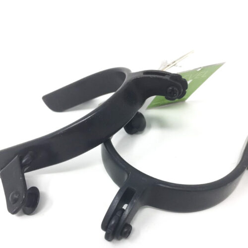 A pair of Men's Black Satin Spur 257740 plastic clips on a white surface.