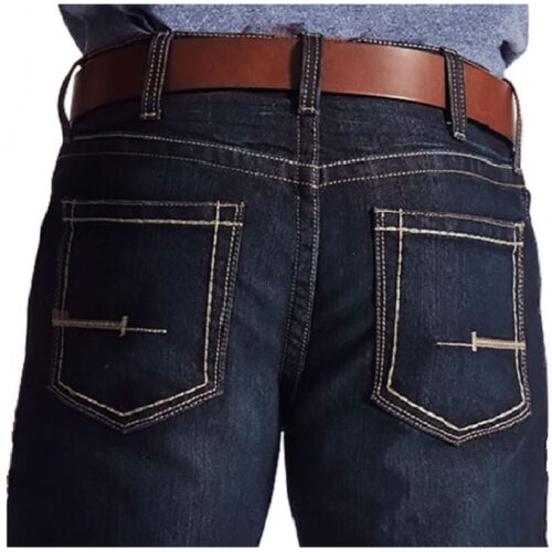 The Ariat Men's M4 Rebar Jean 10016220, paired with a brown belt, showcases the stylish back of a man's jeans.