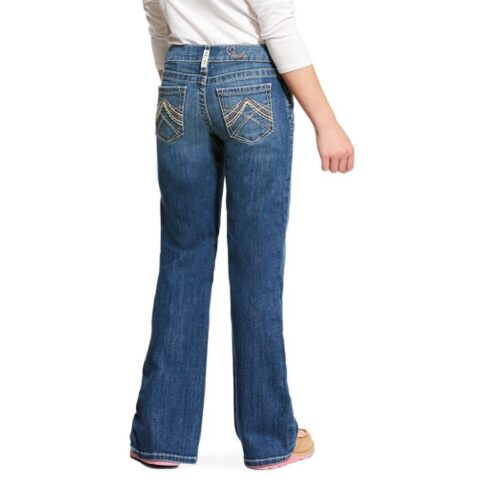 A woman's back view of a pair of Girls Real Boot Cut Whipstitch Jean 10025985.