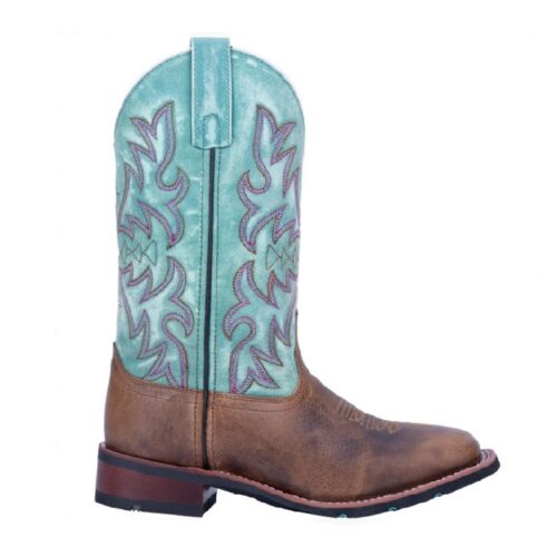 The Women's Dan Post Anita Boot 5607 features turquoise and blue accents on a stylish cowboy boot.