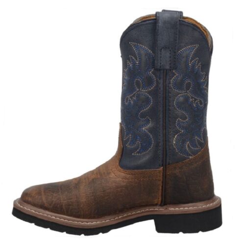 A pair of Children's Dan Post Brantley DPC2938 cowboy boots with blue and brown accents.