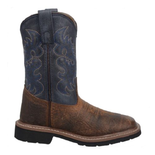 A pair of Children's Dan Post Brantley DPC2938 cowboy boots with blue and brown accents.