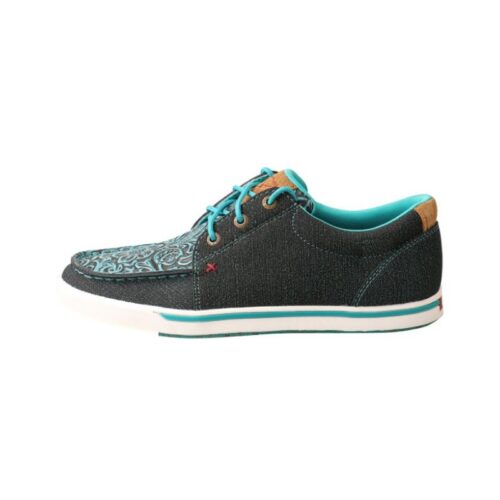 A women's blue and turquoise boat shoe by Twisted X Kicks Moccasin WCA0031.