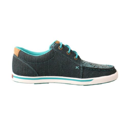 The Women's Twisted X Kicks Moccasin WCA0031 is a stylish and comfortable shoe featuring a paisley pattern in shades of blue and turquoise.