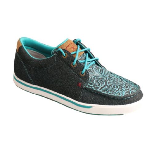 A women's blue and turquoise Women's Twisted X Kicks Moccasin WCA0031 paisley moccasin shoe.