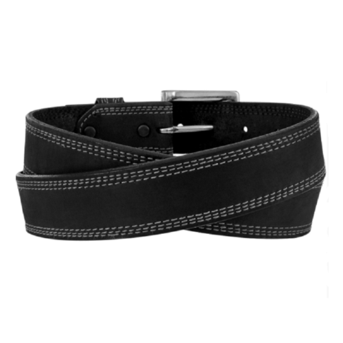 The Men's Black Overtime Belt C13903 is a sleek black leather belt with white stitching.