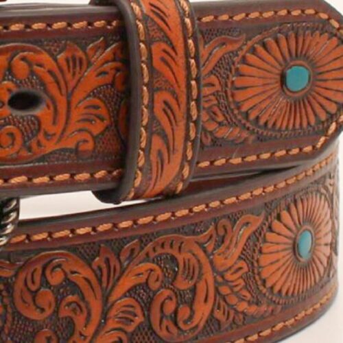 A Ladies Western Tooled Nocona cowboy belt with a turquoise and brown design.