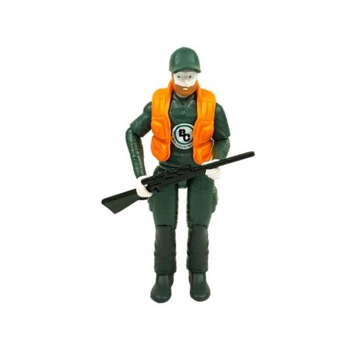 A Toy Polaris Ranger Hunting Set action figure with an orange vest, equipped with a rifle in the Hunting Set.