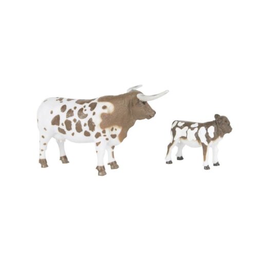 A Big Country Toy Longhorn Cow & Calf with longhorns on a white background.