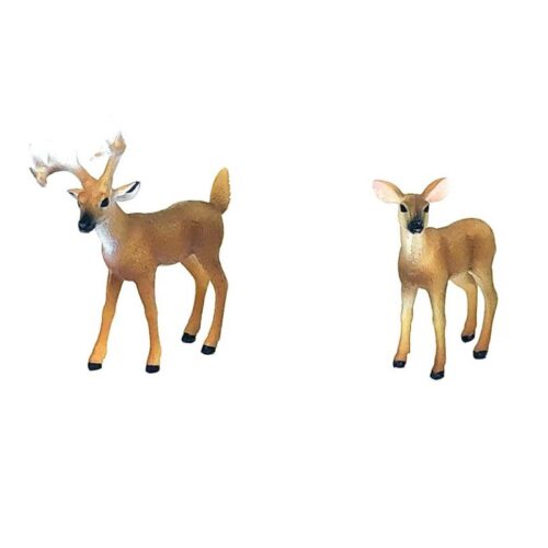 Two toy figurines of a deer and a fawn standing next to each other, part of a Toy Polaris Ranger Hunting Set.